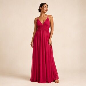 Lulus Raspberry Ruched Maxi Gown Dress Medium Formal Prom Bridesmaid Pink HL1136